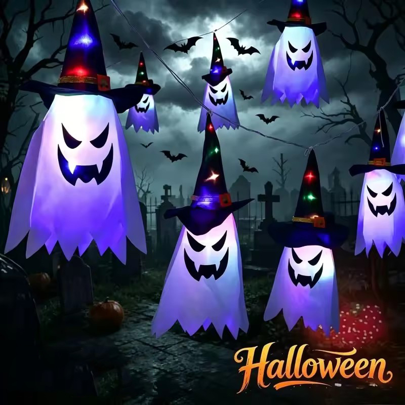 Home Security Yard Sign - Halloween Glowing Witch Hat Lanterns Hanging