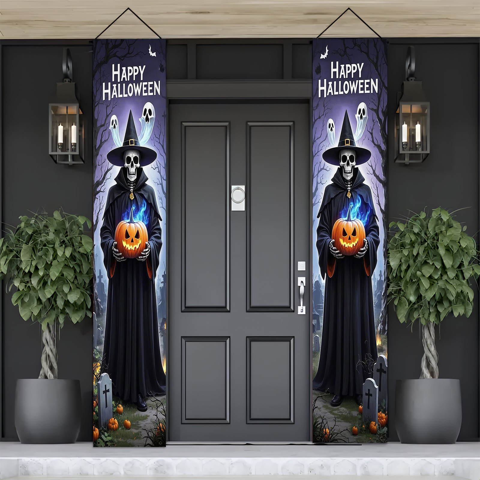 Home Security Yard Sign - Halloween Door Banner Set Grim Reaper